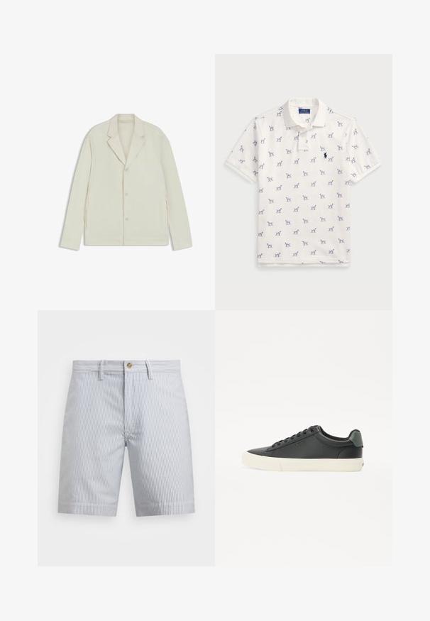 Jasnobeżowa kurtka z wyłogowym kołnierzem, zapięciem na guziki i bocznymi zamkami. Wykonana z gładkiego, teksturowanego materiału o dopasowanym kroju.; Biała koszulka polo z bawełny, z powtarzającym się niebieskim wzorem psów i małym niebieskim logo na piersi. Krótkie rękawy i kołnierzyk.; Pasiacze w jasnym niebieskim i białym kolorze. Wykonane z bawełny, z zapięciem na guzik, bocznymi kieszeniami i prostym wykończeniem dołu.; Czarne skórzane sneakersy z fakturowanym wykończeniem, białą gumową podeszwą, okrągłym noskiem i zielonym akcentem na pięcie. Sznurowanie na sześć oczek.