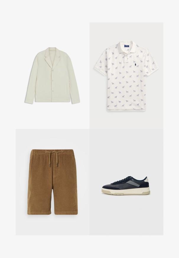 Light beige jacket with a notched lapel, button closure, and side zippers. Made from smooth, textured fabric with a tailored fit.; White polo shirt made of cotton, featuring a repeated blue dog pattern and a small blue logo on the chest. Short sleeves and collar.; Brown corduroy shorts with an elastic waistband and drawstring, featuring a straight cut and turned-up hems. Simple design, textured fabric.; BOSS BALTIMORE - Trainers - open blue
