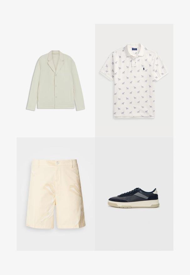Valkoinenbeige takki, jossa on sahalaita, napitus ja sivuvetoketjut. Valmistettu sileästä, teksturoidusta kankaasta, joka on muotoiltu hyvin istuvaksi.; Valkoinen polo-paita, joka on valmistettu puuvillasta ja jossa on toistuva sininen koirakuosi sekä pieni sininen logo rinnassa. Lyhyet hihat ja kaulus.; Housut valmistettu puuvillasta vaaleankeltaisena, jossa on kukkakuosi. Varustettu napilla kiinni tulevalla sulkemisella, etutaskuilla ja suoralinjaisella leikkauksella, jonka reunat on käännetty.; BOSS BALTIMORE - Matalavartiset tennarit - open blue
