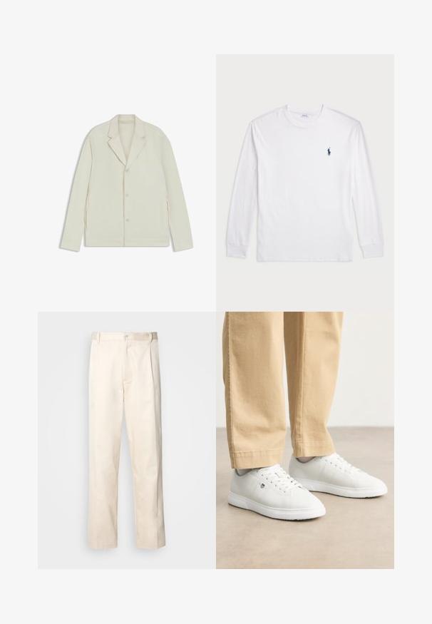 Light beige jacket with a notched lapel, button closure, and side zippers. Made from smooth, textured fabric with a tailored fit.; White long-sleeve T-shirt made of cotton. Features a round neckline, ribbed cuffs, and a small navy blue polo logo on the left chest.; Beige cotton trousers with a straight-leg cut, featuring a button closure and pleats at the front for added detail.; White leather sneakers with a smooth finish, featuring round toe, lace-up design, and subtle logo detail on the side, paired with beige pants.