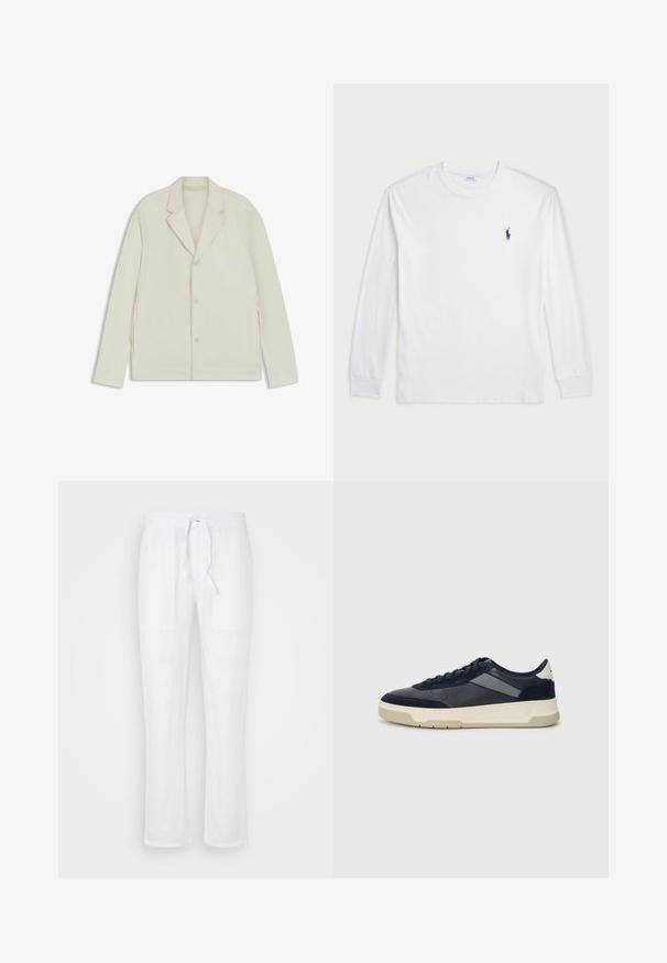 Light beige jacket with a notched lapel, button closure, and side zippers. Made from smooth, textured fabric with a tailored fit.; White long-sleeve T-shirt made of cotton. Features a round neckline, ribbed cuffs, and a small navy blue polo logo on the left chest.; Ecoalf PANTS MAN - Trousers - off white; BOSS BALTIMORE - Trainers - open blue