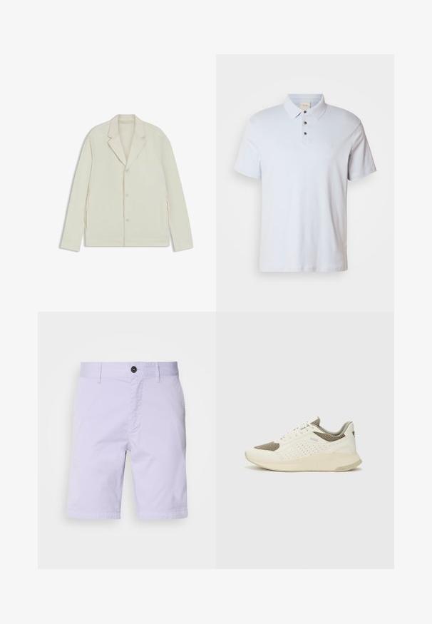 Light beige jacket with a notched lapel, button closure, and side zippers. Made from smooth, textured fabric with a tailored fit.; Light blue polo shirt made of cotton, featuring a three-button placket, a folded collar, short sleeves, and a small logo on the chest.; Light lavender shorts in cotton blend, featuring a flat front, button closure, two side pockets, and straight hem.; White and light beige athletic sneaker, featuring a mesh upper, perforated detailing, and a textured midsole with branding on the heel.
