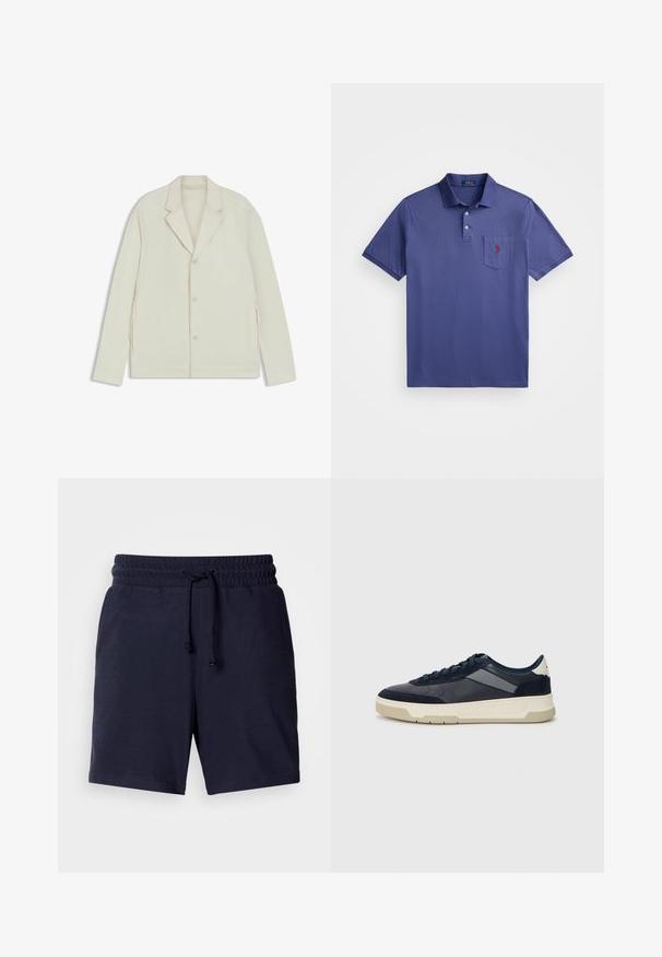 Giacca beige chiaro con rever a taglio, chiusura con bottoni e zip laterali. Realizzata in tessuto liscio e testurizzato con una vestibilità su misura.; Polo shirt viola realizzato in cotone, con una patta a tre bottoni, maniche corte e una tasca sul petto con un ricamo del logo rosso.; Pantaloni corti blu navy con vestibilità rilassata, vita elasticizzata e cordoncino regolabile. Tessuto leggero con una consistenza liscia.; BOSS BALTIMORE - Sneakers basse - open blue