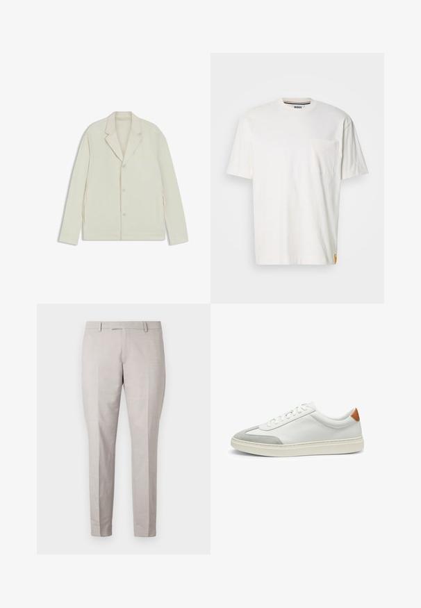 Light beige jacket with a notched lapel, button closure, and side zippers. Made from smooth, textured fabric with a tailored fit.; White cotton t-shirt with a round neck, short sleeves, and a left chest pocket. Features a small logo tag on the side seam.; Light gray trousers made of smooth fabric, featuring a flat front, straight legs, and a tailored waistband with belt loops.; White leather sneakers with gray suede accents and a tan leather heel tab. Features a textured surface and lightweight sole.