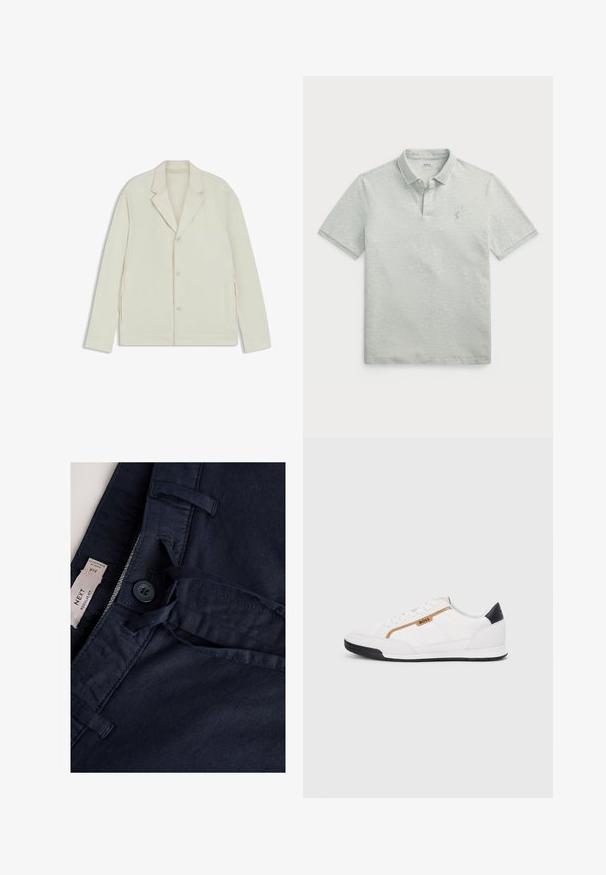 Chaqueta de color beige claro con solapas en pico, cierre de botones y cremalleras laterales. Fabricada con una tela suave y texturizada, con un corte a medida.; Camisa polo de hombre en gris claro con franjas horizontales estrechas. Cuenta con un collar clásico y un pequeño logo bordado en el pecho.; Pantalones de algodón azul marino con cierre de botones, cordón ajustable y detalle de bolsillo. Textura suave con un diseño de ajuste regular. Etiqueta visible.; Zapatillas deportivas blancas con acentos de malla y cuero. Presentan un logotipo dorado de "BOSS", paneles laterales texturizados y una tapa de talón negra. Suela de goma.