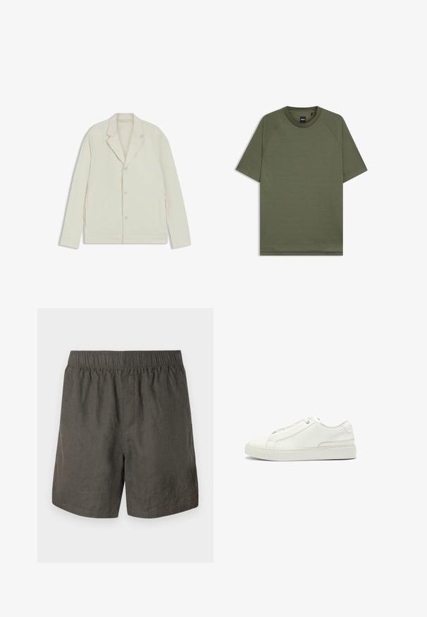 Light beige jacket with a notched lapel, button closure, and side zippers. Made from smooth, textured fabric with a tailored fit.; Plain olive green short-sleeve T-shirt with crew neck and raglan sleeves, featuring a small black "BOSS" label inside the collar.; Dark grey linen shorts with an elastic waistband, featuring a simple design and straight cut, finished with side slit pockets.; White leather sneaker featuring a textured upper, a round toe, minimalistic design, and a rubber sole with stitched detailing.