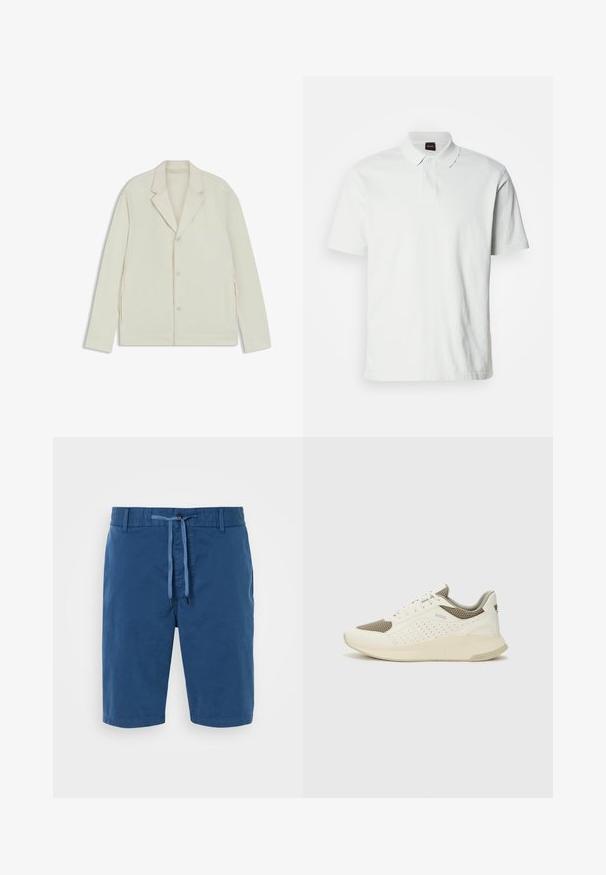 Light beige jacket with a notched lapel, button closure, and side zippers. Made from smooth, textured fabric with a tailored fit.; White polo shirt made of cotton, featuring a classic collar, two buttons, and subtle brand logo stitched on the front. Short sleeves.; Blue cotton shorts with an elastic waistband, drawstring closure, side pockets, and a smooth texture. No patterns or accents visible.; White and light beige athletic sneaker, featuring a mesh upper, perforated detailing, and a textured midsole with branding on the heel.