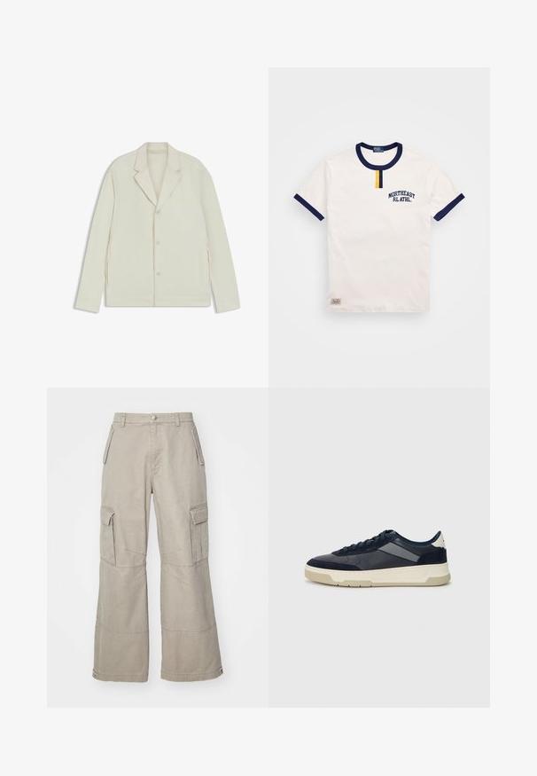 Light beige jacket with a notched lapel, button closure, and side zippers. Made from smooth, textured fabric with a tailored fit.; White cotton t-shirt with navy blue round neckline and sleeve accents. Features a small yellow button detail and embroidered "NORTHEAST RL ATHL."; Khaki cargo pants made of cotton blend, featuring wide legs, multiple side pockets, and subtle stitching details.; BOSS BALTIMORE - Trainers - open blue