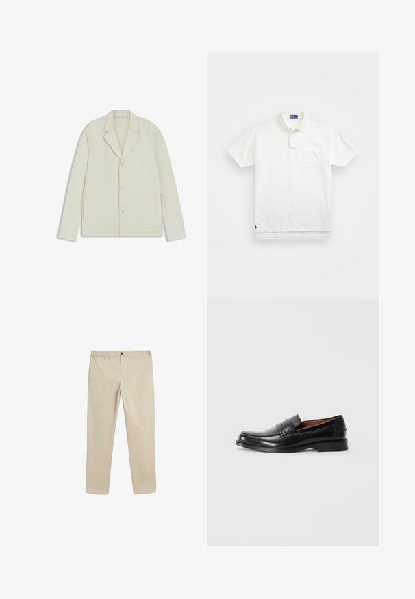 Light beige jacket with a notched lapel, button closure, and side zippers. Made from smooth, textured fabric with a tailored fit.; White polo shirt made of cotton, featuring a classic collar, three-button placket, and a left chest pocket; small logo at the hem.; Beige cotton trousers with an elastic waistband, button closure, straight leg design, and standard pockets on the sides and back.; Black leather loafer with a rounded toe, raised stitching detail on the vamp, and a low stacked heel. Smooth texture and formal design.