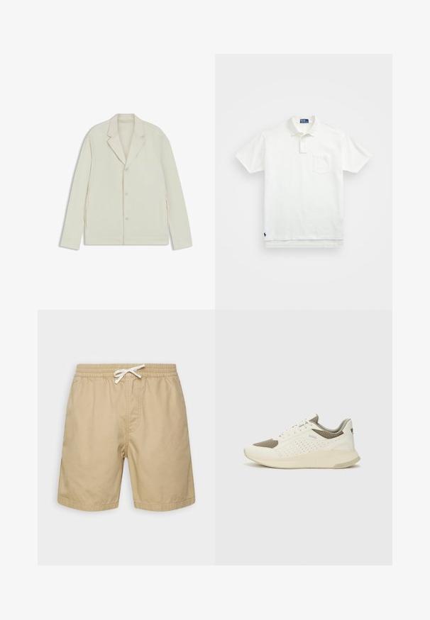 Light beige jacket with a notched lapel, button closure, and side zippers. Made from smooth, textured fabric with a tailored fit.; White polo shirt made of cotton, featuring a classic collar, three-button placket, and a left chest pocket; small logo at the hem.; Beige cotton shorts with an elastic waistband, drawstring, and two side pockets. Smooth texture, knee-length design.; White and light beige athletic sneaker, featuring a mesh upper, perforated detailing, and a textured midsole with branding on the heel.