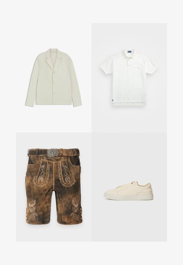 Light beige jacket with a notched lapel, button closure, and side zippers. Made from smooth, textured fabric with a tailored fit.; White polo shirt made of cotton, featuring a classic collar, three-button placket, and a left chest pocket; small logo at the hem.; Brown leather shorts featuring intricate embroidery and a silver buckled belt. Detailed with leaf patterns and a stag design on the side.; Beige leather sneaker with a rounded toe, minimalistic design, subtle stitching details, and a textured upper, on a light sole.
