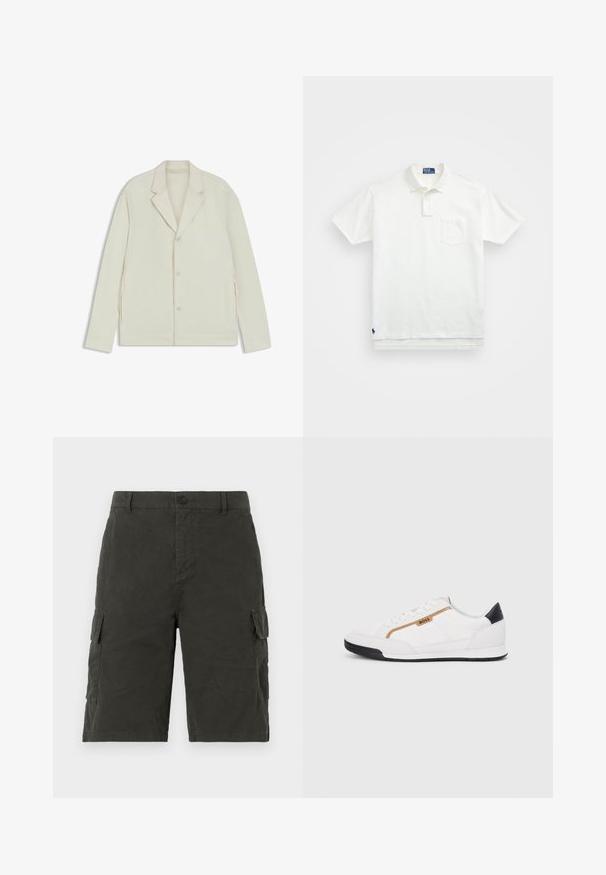 Giacca beige chiaro con rever a taglio, chiusura con bottoni e zip laterali. Realizzata in tessuto liscio e testurizzato con una vestibilità su misura.; Polo bianco in cotone, con colletto classico, placca con tre bottoni e taschino sul lato sinistro del petto; piccolo logo sull'orlo.; Pantaloni cargo verdi scuri realizzati in tessuto leggero, dotati di due tasche laterali e chiusura con bottone in vita.; Scarpe sportive bianche con accenti in rete e pelle. Presentano un logo dorato "BOSS", pannelli laterali testurizzati e un copri tallone nero. Suola in gomma.