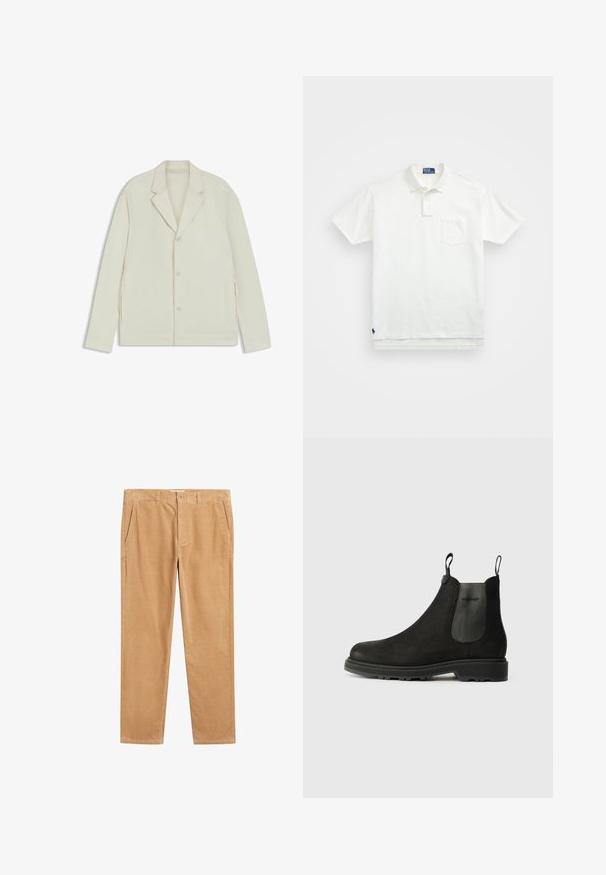 Light beige jacket with a notched lapel, button closure, and side zippers. Made from smooth, textured fabric with a tailored fit.; White polo shirt made of cotton, featuring a classic collar, three-button placket, and a left chest pocket; small logo at the hem.; Light brown corduroy trousers with a straight-leg cut, featuring side pockets and a smooth texture. No visible patterns or accents.; Black Chelsea boots made of suede with elastic side panels, pull tabs, a rounded toe, and a rugged rubber sole.