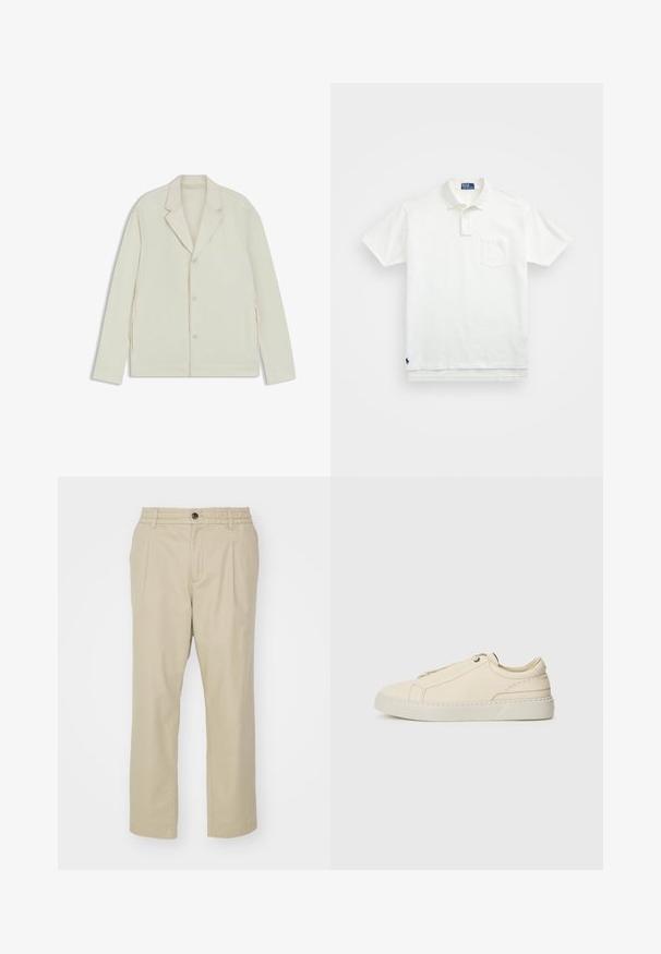 Light beige jacket with a notched lapel, button closure, and side zippers. Made from smooth, textured fabric with a tailored fit.; White polo shirt made of cotton, featuring a classic collar, three-button placket, and a left chest pocket; small logo at the hem.; Jack & Jones JPSTKARL JJLAWRENCE SOUTH - Trousers - crockery; Beige leather sneaker with a rounded toe, minimalistic design, subtle stitching details, and a textured upper, on a light sole.