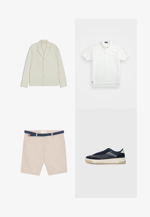 Veste beige clair avec un col cranté, fermeture à bouton et zips latéraux. Fabriquée en tissu lisse et texturé avec une coupe ajustée.; Polo shirt blanc en coton, avec un col classique, une patte de boutonnage à trois boutons et une poche sur la poitrine à gauche ; petit logo en bas.; Shorts beiges avec une ceinture tressée bleue. Comprend des poches avant, un accent en cuir marron et un design décontracté adapté aux temps chauds.; BOSS BALTIMORE - Baskets basses - open blue