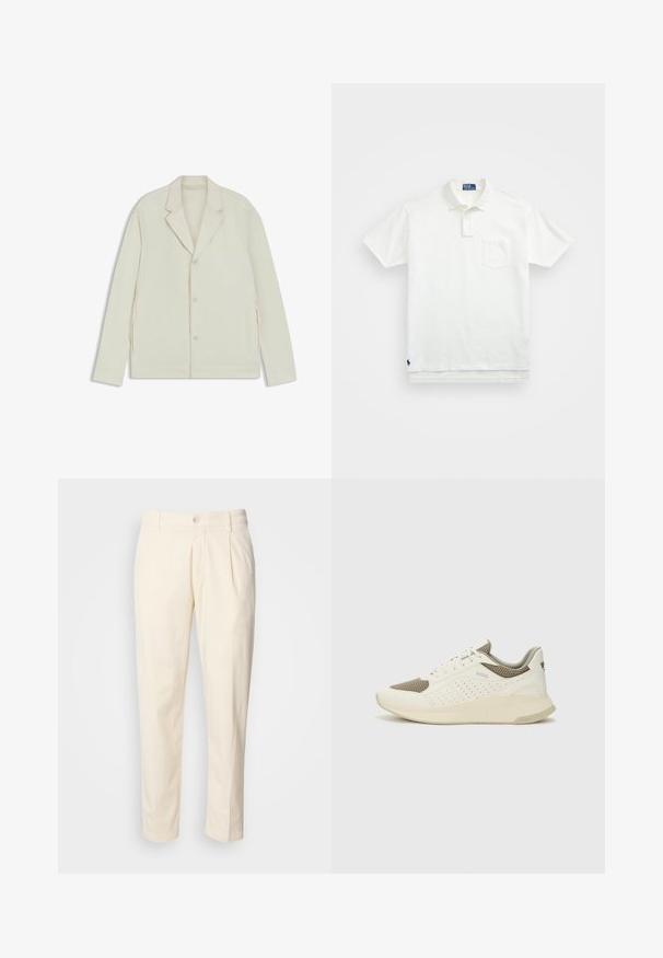 Lichtbeige jas met een geknipte revers, knoopsluiting en zijritsen. Gemaakt van een gladde, gestructureerde stof met een slim fit.; Witte poloshirt van katoen, met een klassieke kraag, een knoopsluiting met drie knopen en een borstzak aan de linkerkant; klein logo aan de onderrand.; Crème-kleurige katoenen broeken met een rechte pijpdesign, voorzien van voorplooien, een knoopsluiting en zijzakken. Zachte textuur.; Witte en lichtbeige sport sneaker, met een bovenwerk van mesh, geperforeerde details en een gestructureerde tussenzool met branding op de hiel.