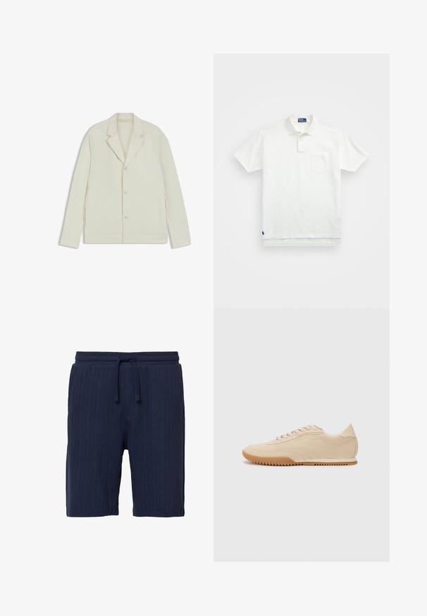 Lichtbeige jas met een geknipte revers, knoopsluiting en zijritsen. Gemaakt van een gladde, gestructureerde stof met een slim fit.; Witte poloshirt van katoen, met een klassieke kraag, een knoopsluiting met drie knopen en een borstzak aan de linkerkant; klein logo aan de onderrand.; Donkerblauwe shorts van een gestructureerde stof met verticale strepen. Voorzien van een elastische tailleband en trekkoord; casual ontwerp.; Beige suede sneakers met een gestroomlijnd ontwerp, voorzien van een textuur bovenwerk, ronde neus en een rubberen zool met een zigzagpatroon.