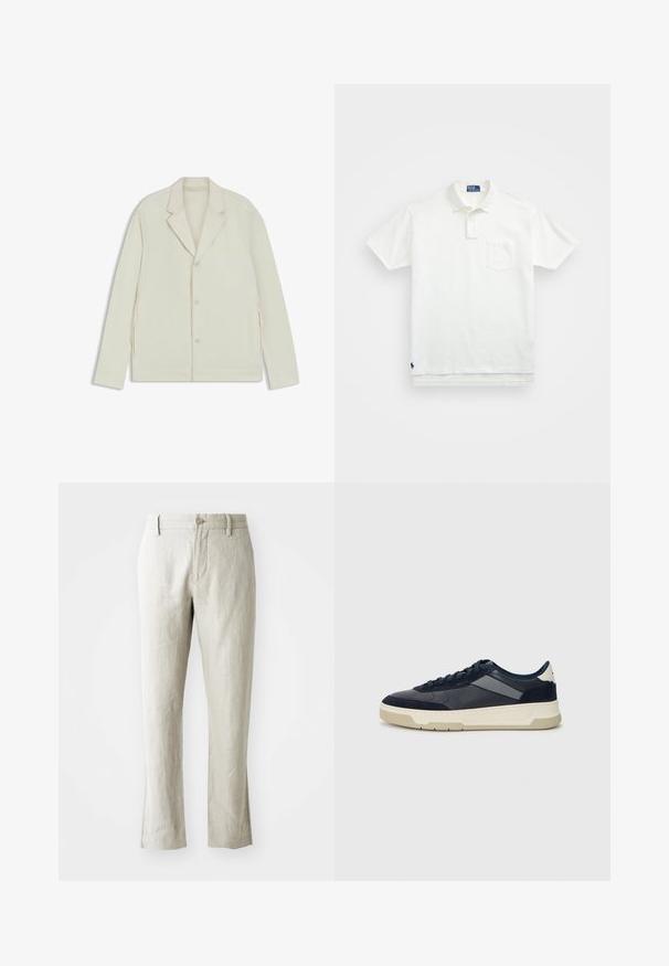 Veste beige clair avec un col cranté, fermeture à bouton et zips latéraux. Fabriquée en tissu lisse et texturé avec une coupe ajustée.; Polo shirt blanc en coton, avec un col classique, une patte de boutonnage à trois boutons et une poche sur la poitrine à gauche ; petit logo en bas.; Pantalons en lin beige clair à coupe droite, texture subtile, fermeture à bouton devant et deux poches latérales. Conçus pour une silhouette épurée.; BOSS BALTIMORE - Baskets basses - open blue