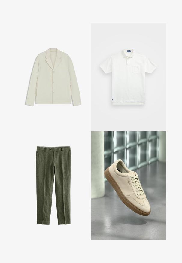 Jasnobeżowa kurtka z wyłogowym kołnierzem, zapięciem na guziki i bocznymi zamkami. Wykonana z gładkiego, teksturowanego materiału o dopasowanym kroju.; Biała koszulka polo wykonana z bawełny, z klasycznym kołnierzykiem, trzema guzikami oraz kieszonką na lewym piersi; małe logo na dolnym brzegu.; Next REGULAR FIT zielony; Jasnobeżowy zamszowy sneaker z gumową podeszwą w kolorze karmelu, wyrazistymi sznurowadłami i subtelnymi detalami przeszyć. Czysty design o minimalistycznej estetyce.