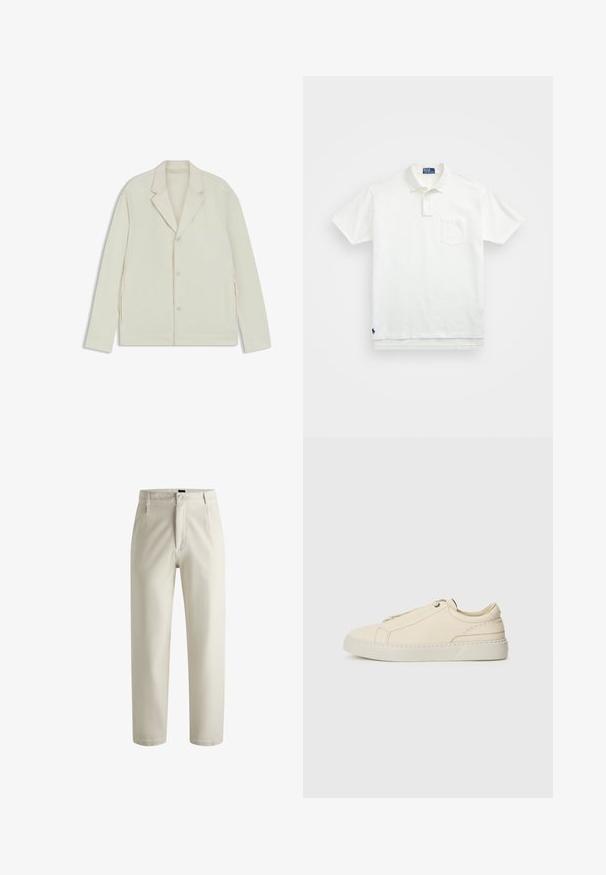 Light beige jacket with a notched lapel, button closure, and side zippers. Made from smooth, textured fabric with a tailored fit.; White polo shirt made of cotton, featuring a classic collar, three-button placket, and a left chest pocket; small logo at the hem.; Cream-colored trousers made from cotton, featuring a straight-leg design, front zipper, and two side pockets. Smooth texture with minimal detailing.; Beige leather sneaker with a rounded toe, minimalistic design, subtle stitching details, and a textured upper, on a light sole.