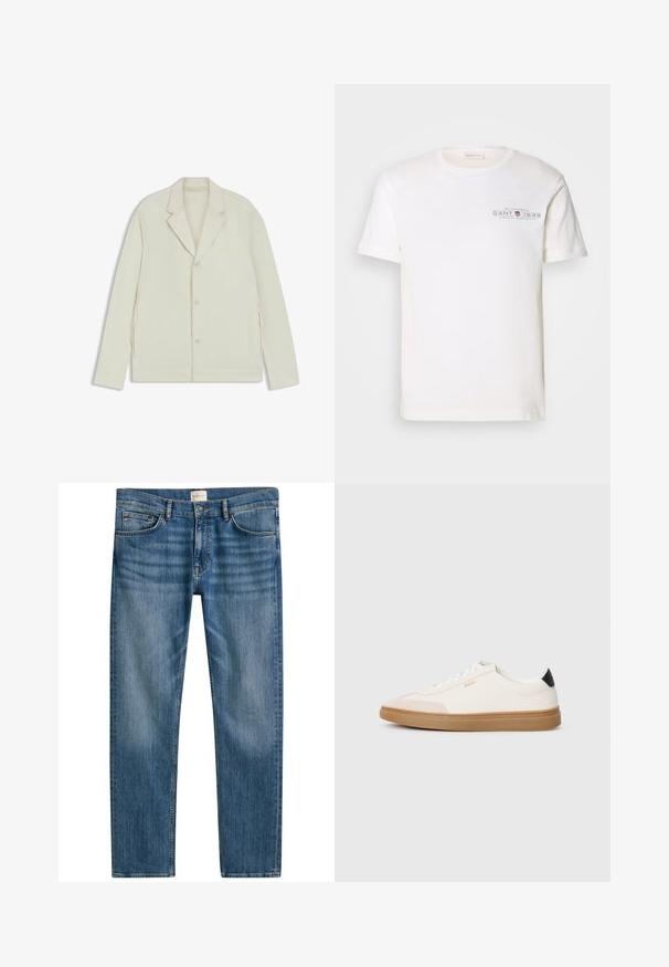 Jasnobeżowa kurtka z wyłogowym kołnierzem, zapięciem na guziki i bocznymi zamkami. Wykonana z gładkiego, teksturowanego materiału o dopasowanym kroju.; Biała bawełniana koszulka z okrągłym dekoltem, krótkimi rękawami i nadrukowanym logo. Charakteryzuje się minimalistycznym wzornictwem i luźnym krojem.; Niebieskie dżinsy z prostym krojem, posiadające pięć kieszeni, zapięcie na guzik oraz delikatne przetarcia w tkaninie dla uzyskania tekstury.; Białe sneakersy z beżowymi akcentami, górna część wykonana z gładkiej skóry, zaokrąglony nos, gumowa podeszwa w kolorze gumy, z czarną nasadką na pięcie i subtelnym logo.