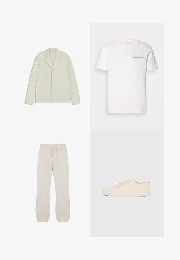 Lys beige jakke med klapkrave, knaplukning og sidelommer med lynlås. Lavet af glat, tekstureret stof med en skræddersyet pasform.; Hvid bomulds t-shirt med rund hals, korte ærmer og trykt logo. Har minimalistisk design og afslappet pasform.; Lyse beige linned bukser med elastisk talje og snor. Lige ben-design med en glat tekstur og let indsnævring ved anklerne.; Beige canvas sneakers med rund tå, flad gummisål og snørret front. Har et minimalistisk design og en kontrasterende sort accent ved hælen.