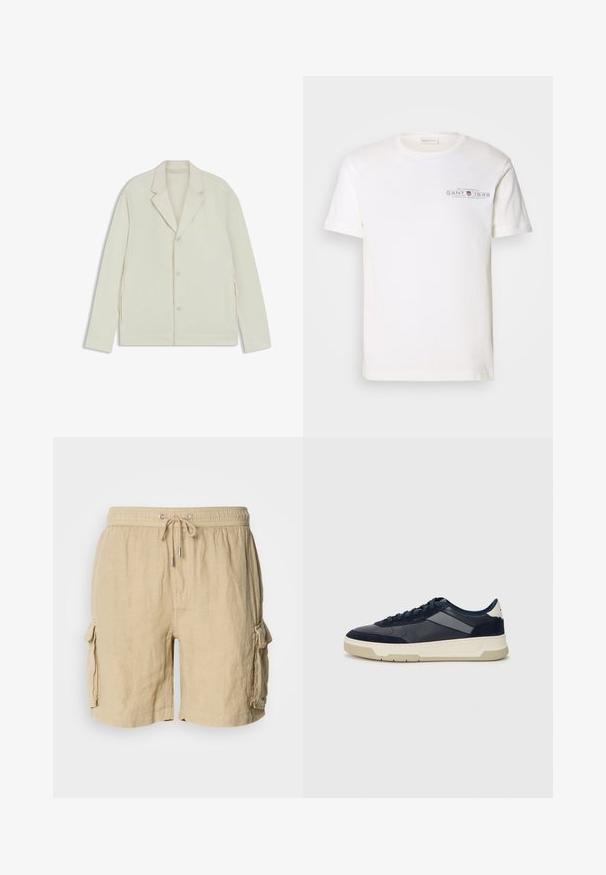 Light beige jacket with a notched lapel, button closure, and side zippers. Made from smooth, textured fabric with a tailored fit.; White cotton t-shirt with a crew neck, short sleeves, and a printed logo. Features minimalist design and relaxed fit.; Beige cargo shorts made of lightweight fabric with an elastic waistband and drawstring. Features two side pockets and a textured finish.; BOSS BALTIMORE - Trainers - open blue