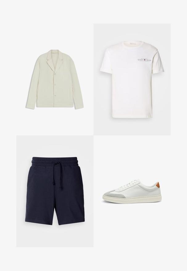 Lichtbeige jas met een geknipte revers, knoopsluiting en zijritsen. Gemaakt van een gladde, gestructureerde stof met een slim fit.; Witte katoenen t-shirt met ronde hals, korte mouwen en een bedrukt logo. Heeft een minimalistisch design en een relaxte pasvorm.; Marineblauwe shorts met een ontspannen pasvorm, elastische tailleband en verstelbaar trekkoord. Lichtgewicht stof met een gladde textuur.; Witte leren sneakers met grijze suede accenten en een tan leren hieltab. Kenmerkt zich door een textuurovervlak en een lichtgewicht zool.