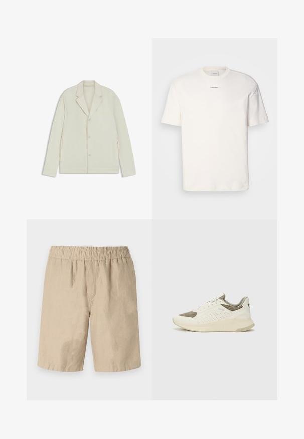 Light beige jacket with a notched lapel, button closure, and side zippers. Made from smooth, textured fabric with a tailored fit.; White cotton T-shirt featuring a round neck, short sleeves, and embroidered "Calvin Klein" logo at the chest center. Plain design.; Beige cotton shorts with an elastic waistband, featuring a relaxed fit and smooth texture. No visible pockets or patterns.; White and light beige athletic sneaker, featuring a mesh upper, perforated detailing, and a textured midsole with branding on the heel.