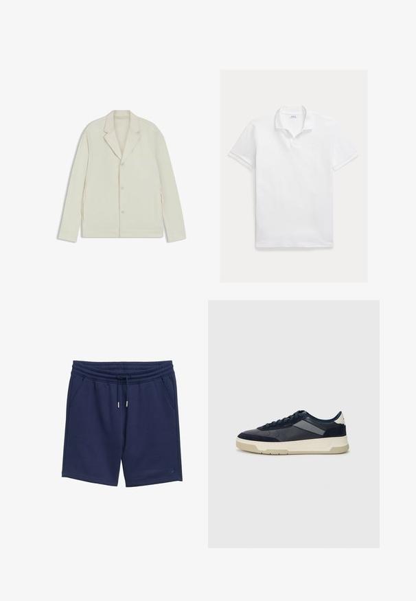 Lichtbeige jas met een geknipte revers, knoopsluiting en zijritsen. Gemaakt van een gladde, gestructureerde stof met een slim fit.; Witte polo van katoen. Heeft een klassieke kraag, korte mouwen en een geborduurd logo op de borst. Soepele, lichtgewicht textuur.; Marineblauwe shorts van zachte stof, met een elastische tailleband met trekkoord, zijzakken en een eenvoudig logo-detail.; BOSS BALTIMORE - Sneakers laag - open blue