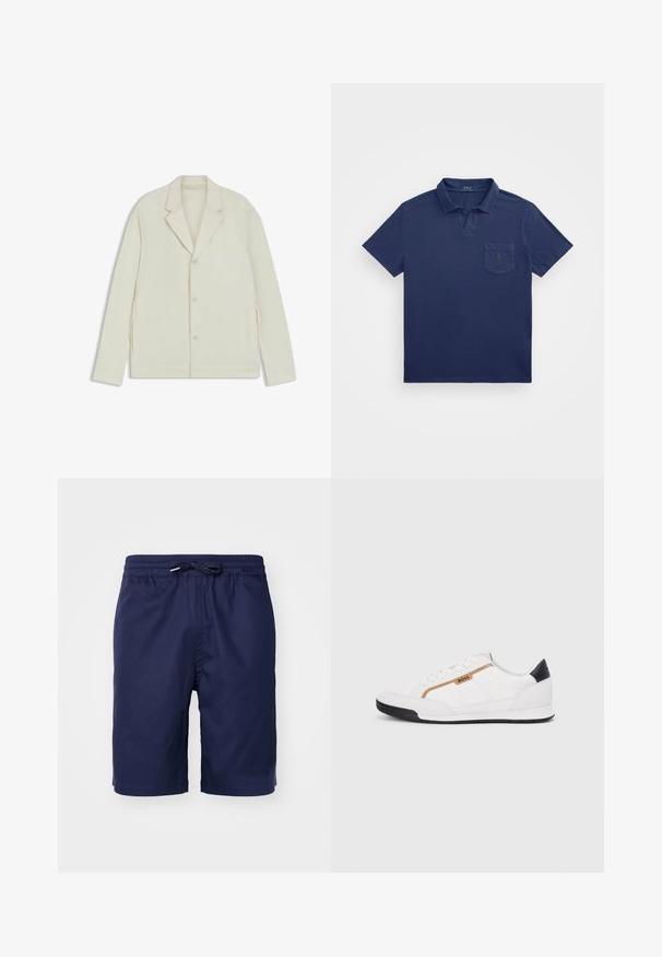Helle beigefarbene Jacke mit Reverskragen, Knopfverschluss und seitlichen Reißverschlüssen. Hergestellt aus glattem, strukturiertem Material mit einer taillierten Passform.; Marineblaue Polo-Shirt mit kurzem Kragen, einer Brusttasche und einem gestickten Logo. Hergestellt aus einem weichen, strukturierten Stoff.; Marineblaue Badeshorts aus leichtem Material, mit elastischem Bund und Kordelzug, Seitentaschen und einem lockeren Schnitt.; Weiße Sportschuhe mit Mesh- und Lederelementen. Ausgestattet mit einem goldenen "BOSS"-Logo, strukturierten Seitenpaneelen und einer schwarzen Fersenkappe. Gummisohle.