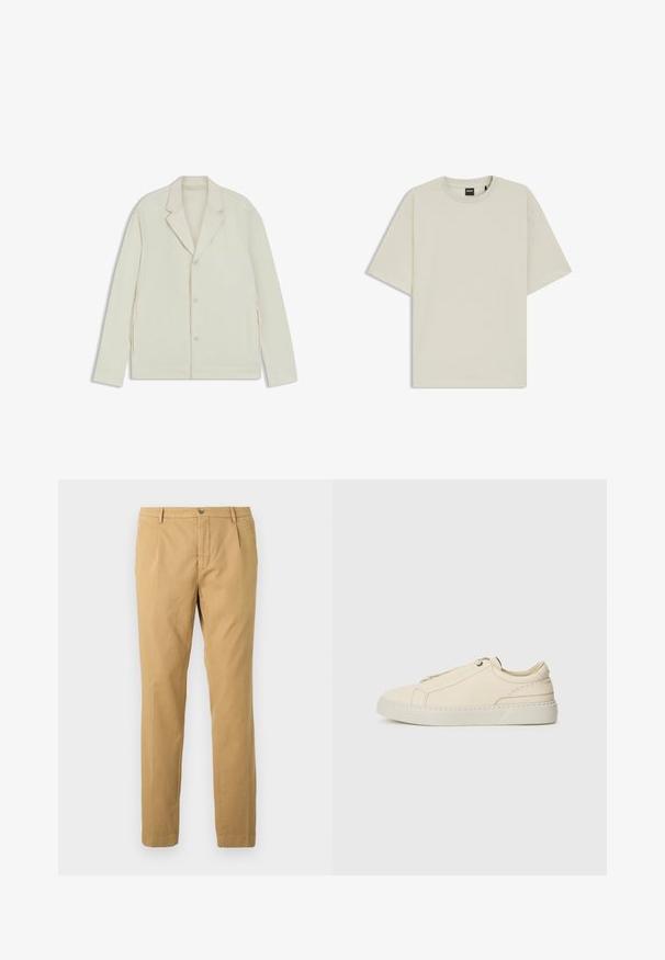 Light beige jacket with a notched lapel, button closure, and side zippers. Made from smooth, textured fabric with a tailored fit.; Light beige t-shirt made of soft cotton, featuring a relaxed fit, crew neck, and short sleeves. No visible patterns or accents.; Beige cotton trousers with a straight leg design, featuring a zip fly and button closure, and pockets on the front and back.; Beige leather sneaker with a rounded toe, minimalistic design, subtle stitching details, and a textured upper, on a light sole.