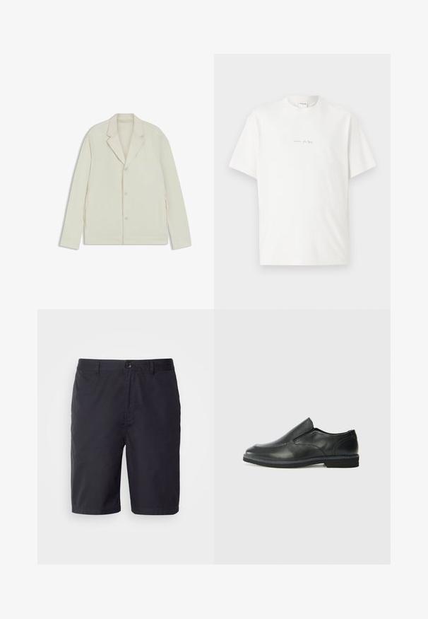 Helle beigefarbene Jacke mit Reverskragen, Knopfverschluss und seitlichen Reißverschlüssen. Hergestellt aus glattem, strukturiertem Material mit einer taillierten Passform.; Weißes Baumwoll-T-Shirt mit Rundhalsausschnitt, kurzen Ärmeln und einem kleinen Logo-Aufdruck auf der Vorderseite. Glatte Textur und lässige Passform.; Marineblaue Shorts aus leichtem Baumwollstoff, mit Knopfverschluss, Gürtelschlaufen und einem geraden Schnitt knapp über dem Knie.; Schwarze Leder-Slipper mit glattem Obermaterial, gesteppten Akzenten, runder Zehenpartie und niedrigem Gummiabsatz. Die Sohle hat ein minimales Profil.