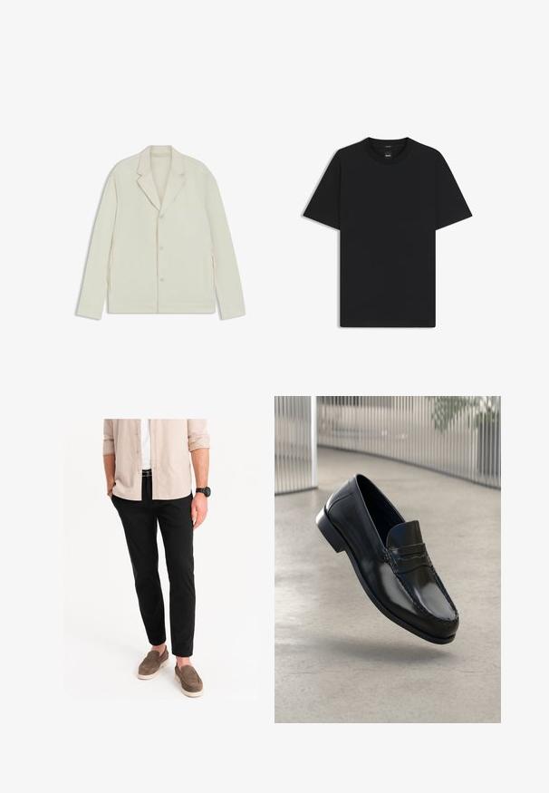 Jasnobeżowa kurtka z wyłogowym kołnierzem, zapięciem na guziki i bocznymi zamkami. Wykonana z gładkiego, teksturowanego materiału o dopasowanym kroju.; Czarny t-shirt krótki rękaw wykonany z gładkiej mieszanki bawełny, z okrągłym dekoltem i minimalistycznym designem bez wzorów czy akcentów.; Czarne spodnie slim-fit wykonane z tkaniny bawełnianej, charakteryzujące się gładką teksturą i zwężonym krojem nogawek. Zestawione z jasnobeżową koszulą z guzikami.; Czarne skórzane mokasyny o gładkim wykończeniu, zaokrąglonym czubku, ozdobnym przeszyciu i lekko podwyższonej podeszwie.