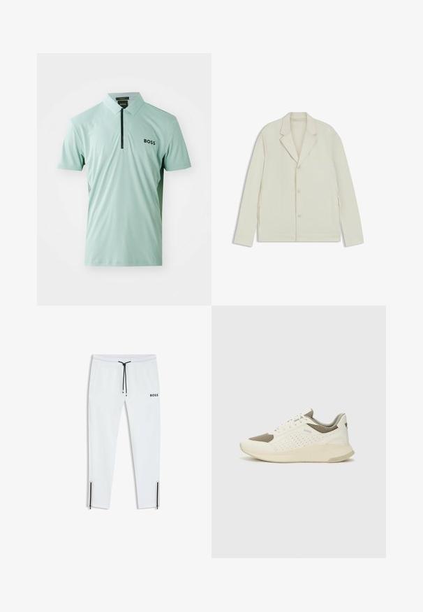 Ljus beige jacka med spetsiga slag, knappstängning och sidodragkedjor. Tillverkad av slätt, texturerat tyg med en skräddarsydd passform.; Ljus mintgrön polo med krage, korta ärmar, svart dragkedja fram och en subtil texturerad mönster. Har "BOSS"-logotypen i svart.; Vita svettbyxor med svart dragsko och logotyp. Har siddragkedjor vid anklarna. Slät textur och avsmalnande design.; Vit och ljusbeige atletisk sneaker med ett meshöverdrag, perforerade detaljer och en texturerad mellansula med varumärke på hälen.