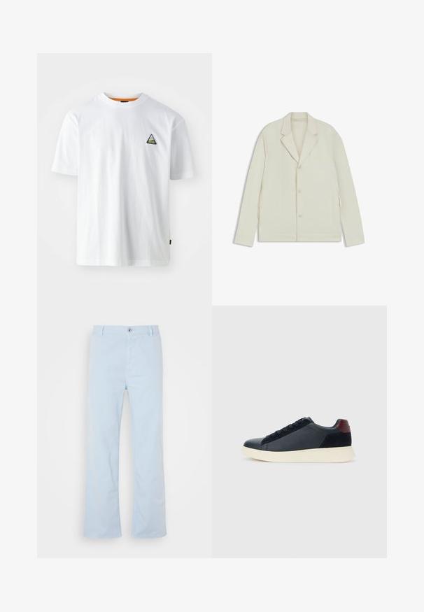 Lichtbeige jas met een geknipte revers, knoopsluiting en zijritsen. Gemaakt van een gladde, gestructureerde stof met een slim fit.; Witte katoenen T-shirt met een ronde hals, korte mouwen en een driehoekig geborduurd logo in groen en zwart op de linkerkant van de borst.; Lichtblauwe katoenen broek met een rechte snit, een sluiting met een knoop aan de voorkant en zijzakken. Soepele textuur en minimale stikseldetails.; Lage herensneaker van zwart leer en suede met een bordeauxrode hieltab en een witte rubberen zool, gezien vanuit de buitenkant.