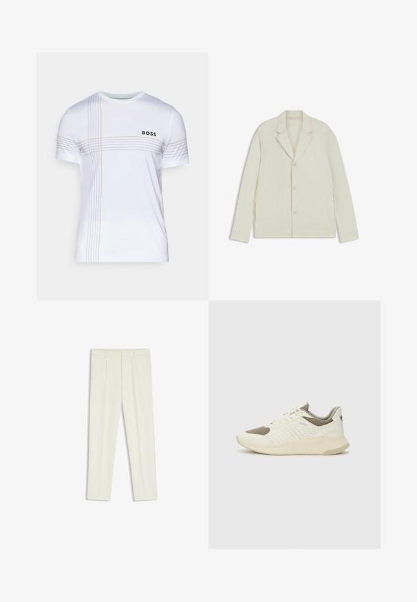 Valkoinenbeige takki, jossa on sahalaita, napitus ja sivuvetoketjut. Valmistettu sileästä, teksturoidusta kankaasta, joka on muotoiltu hyvin istuvaksi.; Valkoinen urheilupaita lyhyillä hihoilla, jossa on musta "BOSS"-logo ja ohuet oranssit ja harmaat viivat etuosassa. Silkkinen pinta.; Valkoiset räätälöidyt housut, joissa on sileä pinta, etupleitsit, kaksi sivutaskua ja suora lahjerakenne.; Valkoinen ja vaaleanbeige urheilukengät, joissa on verkkomateriaali yläosa, rei'itettyjä yksityiskohtia ja teksturoitu välipohja, jossa on brändäys kantapäässä.
