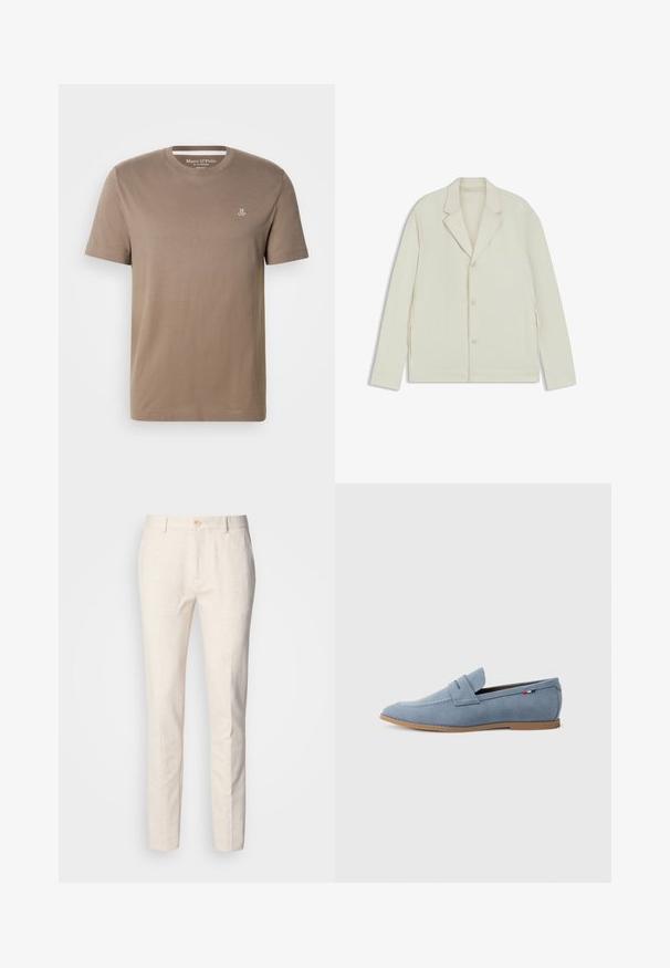 Light beige jacket with a notched lapel, button closure, and side zippers. Made from smooth, textured fabric with a tailored fit.; Taupe short-sleeve cotton t-shirt with crew neck and small white "M OP" logo on the upper left chest by Marc O'Polo.; Light beige, tailored trousers made from soft fabric. Features a button closure, belt loops, and a slim, straight-leg design with minimal texture.; Light blue suede loafer with a smooth texture, decorative stitching, and a brown rubber sole. Features a penny slot design on the upper.
