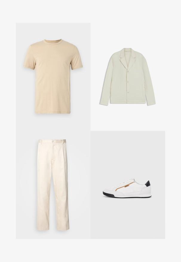 Giacca beige chiaro con rever a taglio, chiusura con bottoni e zip laterali. Realizzata in tessuto liscio e testurizzato con una vestibilità su misura.; T-shirt in cotone beige con maniche corte, scollatura a girocollo e testo LOGO impresso sul davanti. Texture liscia e vestibilità standard.; Pantaloni in cotone beige con taglio dritto, dotati di chiusura a bottone e pence sul davanti per un tocco di dettaglio in più.; Scarpe sportive bianche con accenti in rete e pelle. Presentano un logo dorato "BOSS", pannelli laterali testurizzati e un copri tallone nero. Suola in gomma.