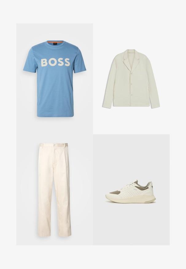 Valkoinenbeige takki, jossa on sahalaita, napitus ja sivuvetoketjut. Valmistettu sileästä, teksturoidusta kankaasta, joka on muotoiltu hyvin istuvaksi.; BOSS THINKING - Printtipaita - open blue; Vaaleanbeige puuvillahousut, joissa on suora lahje, varustettu nappisulkeisella ja etupuolella olevilla laskoksilla lisäyksinä.; Valkoinen ja vaaleanbeige urheilukengät, joissa on verkkomateriaali yläosa, rei'itettyjä yksityiskohtia ja teksturoitu välipohja, jossa on brändäys kantapäässä.