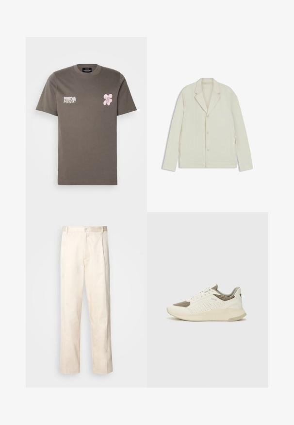 Light beige jacket with a notched lapel, button closure, and side zippers. Made from smooth, textured fabric with a tailored fit.; Gray cotton t-shirt featuring a crew neck, short sleeves, white "DIGITAL MYSTERY" text, and a pink flower graphic on the left chest.; Beige cotton trousers with a straight-leg cut, featuring a button closure and pleats at the front for added detail.; White and light beige athletic sneaker, featuring a mesh upper, perforated detailing, and a textured midsole with branding on the heel.