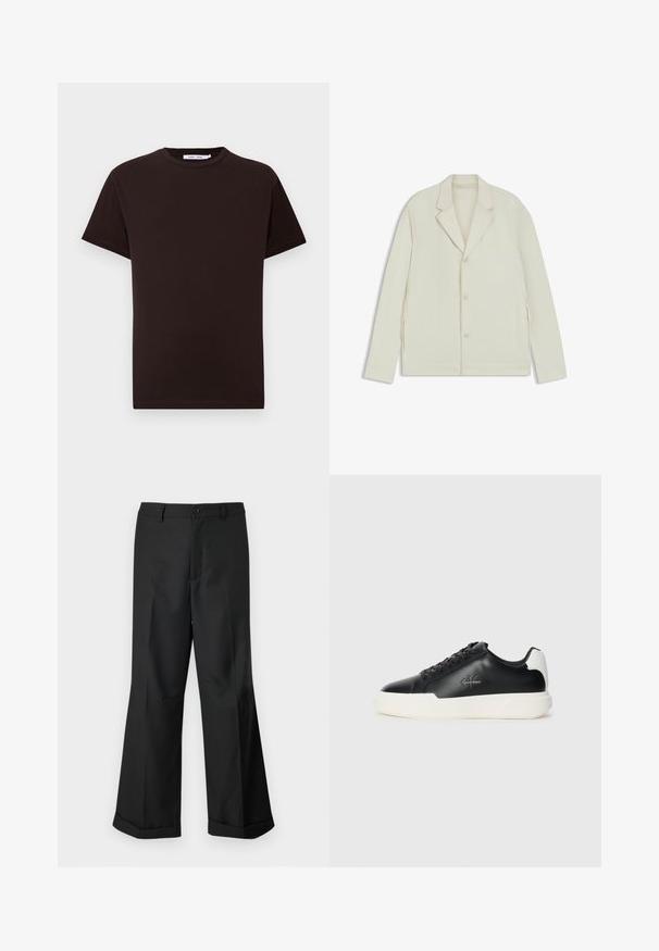 Lys beige jakke med klapkrave, knaplukning og sidelommer med lynlås. Lavet af glat, tekstureret stof med en skræddersyet pasform.; Sort bomulds t-shirt med rund halsudskæring, korte ærmer og lige kant. Glat tekstur, afslappet design og uden synlige logoer eller mønstre.; Sorte vide benbukser med knappet talje og opslåede ben, præsenteret mod en ensfarvet hvid baggrund.; Sorte lædersneakers med hvid gummisål. Har rundt tå, snørebåndsdesign og logo-detajle på siden. Bagakcent i hvid.