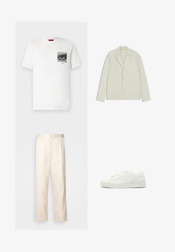 Ljus beige jacka med spetsiga slag, knappstängning och sidodragkedjor. Tillverkad av slätt, texturerat tyg med en skräddarsydd passform.; Vit bomulls-T-shirt med ett svartvitt fotografi av ett öga på vänstra bröstområdet, med "HUGO" i rött under bilden.; Beiga bomullbyxor med rak benform, utrustade med knappstängning och veck framtill för extra detalj.; Vita lädersneaker med en texturerad ovandel, rund tå, minimalistisk design och en gummisula med sömdetaljer.
