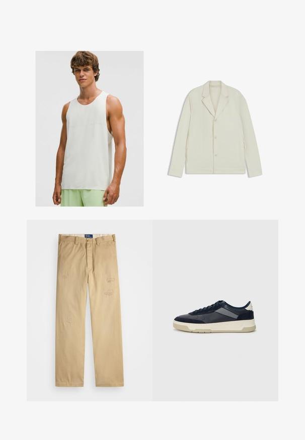 Lichtbeige jas met een geknipte revers, knoopsluiting en zijritsen. Gemaakt van een gladde, gestructureerde stof met een slim fit.; Jonge man in een mouwloos wit sporttop en lichte groene sportshorts, staand tegen een effen witte achtergrond.; Beige katoenen pants met een rechte snit. Heeft versleten patches en borduurdetails aan de voorkant. Klassieke knoop- en ritssluiting.; BOSS BALTIMORE - Sneakers laag - open blue