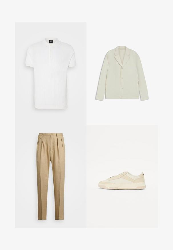 Jasnobeżowa kurtka z wyłogowym kołnierzem, zapięciem na guziki i bocznymi zamkami. Wykonana z gładkiego, teksturowanego materiału o dopasowanym kroju.; Biała koszulka polo z krótkim rękawem, z teksturowanym wzorem dzianiny, klasycznym kołnierzykiem i zapięciem na trzy guziki. Gładka powierzchnia materiału.; Beżowe lniane spodnie o prostym kroju, z dwoma fałdami z przodu, z zapięciem na guzik i kieszeniami po bokach. Teksturowana tkanina o gładkim wykończeniu.; Beżowe sneakersy wykonane z gładkiej skóry i tkaniny; niskoprofilowy design z okrągłym noskiem i sznurowanym zapięciem; teksturowane akcenty po bokach.