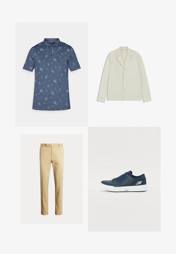 Valkoinenbeige takki, jossa on sahalaita, napitus ja sivuvetoketjut. Valmistettu sileästä, teksturoidusta kankaasta, joka on muotoiltu hyvin istuvaksi.; T-paita lyhythihaisena tummansinisena, jossa on teksturoitu neliö- ja geometrinen kuvio vaaleammassa sinisessä ja korallin sävyjä.; Khaki chinos valmistettu pehmeästä puuvillakankaasta, joissa on istuva muotoilu, etupleiteet ja nilkassa olevat hihnat kapean ilmeen saavuttamiseksi.; Sininen tennari, jossa on sileä synteettinen pinta, pehmustettu kaulus ja valkoinen pohja. Sivulla on logo ja tasaiset nauhat turvallista istuvuutta varten.