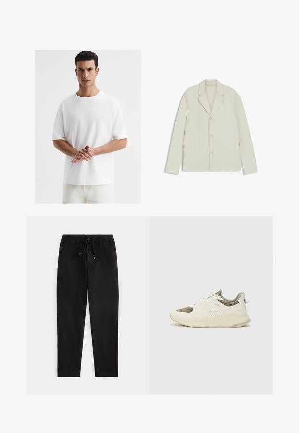 Giacca beige chiaro con rever a taglio, chiusura con bottoni e zip laterali. Realizzata in tessuto liscio e testurizzato con una vestibilità su misura.; T-shirt bianco in cotone con collo rotondo, maniche corte, vestibilità rilassata e texture liscia. Senza stampe visibili o dettagli.; Pantaloni casual neri con vita elastica, laccio regolabile, bottone frontale e tasche laterali, esposti su uno sfondo neutro.; Sneaker atletica bianca e beige chiaro, con tomaia in mesh, dettagli perforati e una suola intermedia texturizzata con marchio sul tallone.