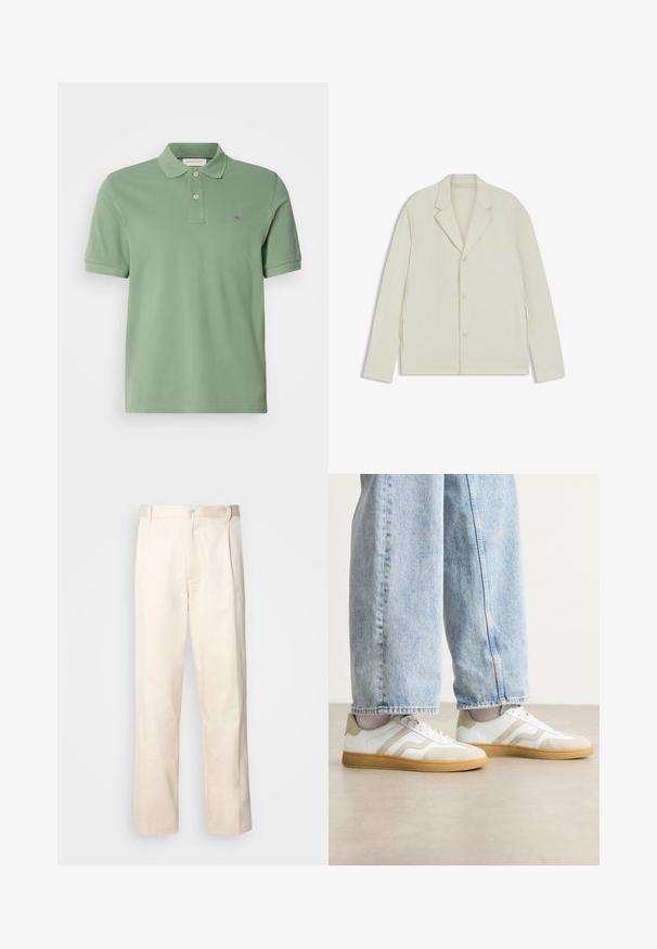 Giacca beige chiaro con rever a taglio, chiusura con bottoni e zip laterali. Realizzata in tessuto liscio e testurizzato con una vestibilità su misura.; Polo verde in cotone. Presenta un colletto con due bottoni e un piccolo logo sul petto. Maniche corte, vestibilità standard.; Pantaloni in cotone beige con taglio dritto, dotati di chiusura a bottone e pence sul davanti per un tocco di dettaglio in più.; Sneakers bianchi con dettagli in suede beige e suole in gomma leggera; presentano un design low-top e dettagli testurizzati sulla parte superiore.