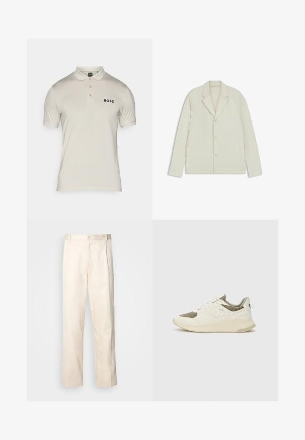 Helle beigefarbene Jacke mit Reverskragen, Knopfverschluss und seitlichen Reißverschlüssen. Hergestellt aus glattem, strukturiertem Material mit einer taillierten Passform.; Hellbeige Poloshirt aus glattem Stoff, mit Kragen, drei Knöpfen und einem dezenten schwarzen Logo auf der linken Brust.; Beige Baumwollhose mit geradem Bein, ausgestattet mit einem Knopfverschluss und Falten an der Vorderseite für zusätzliche Details.; Weiße und hellbeige Sport Sneakers, ausgestattet mit einem Obermaterial aus Netzgewebe, perforierten Details und einer strukturierten Zwischensohle mit Branding an der Ferse.