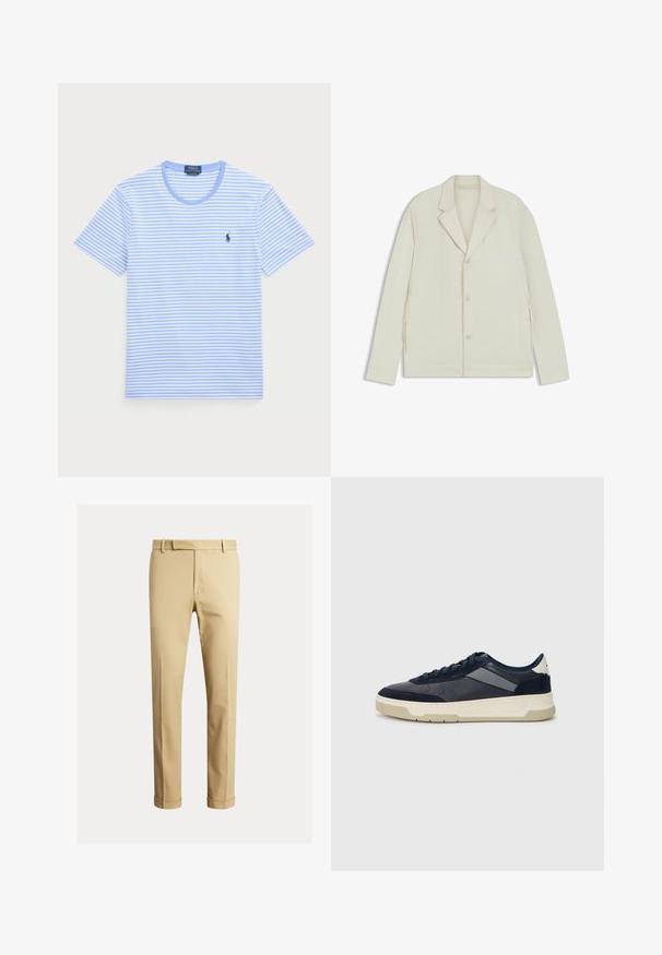 Ljus beige jacka med spetsiga slag, knappstängning och sidodragkedjor. Tillverkad av slätt, texturerat tyg med en skräddarsydd passform.; Ljust blå kortärmad t-shirt med vita horisontella ränder, rund hals och liten marinblå logotyp på vänster bröst. Mjuk bomullstyg.; Khaki chinos tillverkade av slät bomullstyg, med en figurnära design, framfickor, och manschetter vid ankeln för en avsmalnande look.; BOSS BALTIMORE - Sneakers - open blue